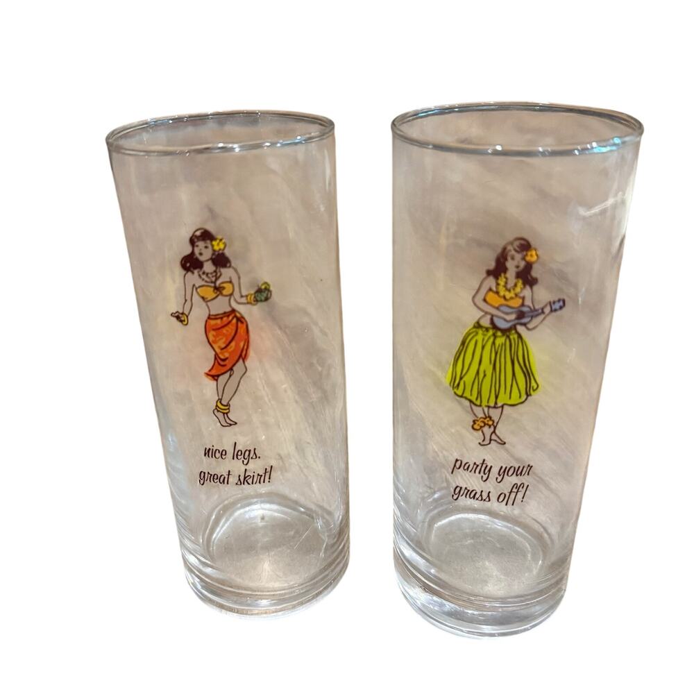 Pair (2) Vintage Hallmark Hawaiian Hula Dancer Glasses~Tumblers GREAT GRAPHICS!